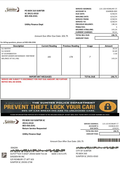 USA City of Sumter South Carolina water business utility bill template in Word and PDF formats